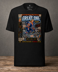 Front view Garbage Pail Ballers™ The Great One Wayne Gretzky-inspired Vintage Ice Classics hockey graphic T-shirt