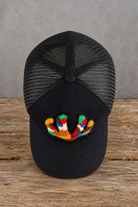 top view The Onyx Collection Statement NY Chenille Hat with oversized multicolor chenille NY patch on black cap