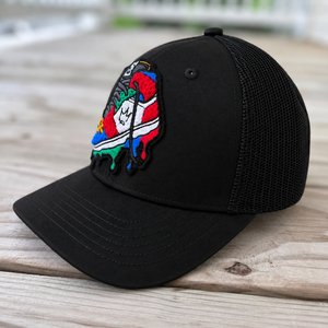 side view The Onyx Collection Chenille Rebel Sneaker black hat with handcrafted patchwork