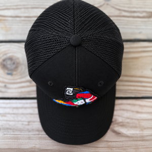 top view The Onyx Collection Chenille Rebel Sneaker black hat with handcrafted patchwork