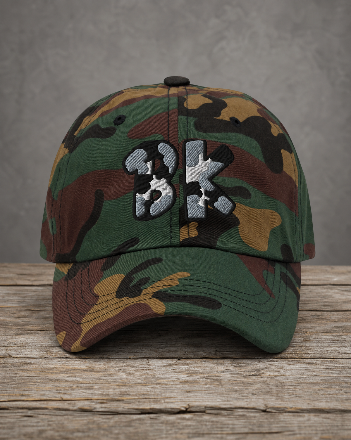 The City Collection BK Basketball camo hat with oversized gray and black embroidered lettering