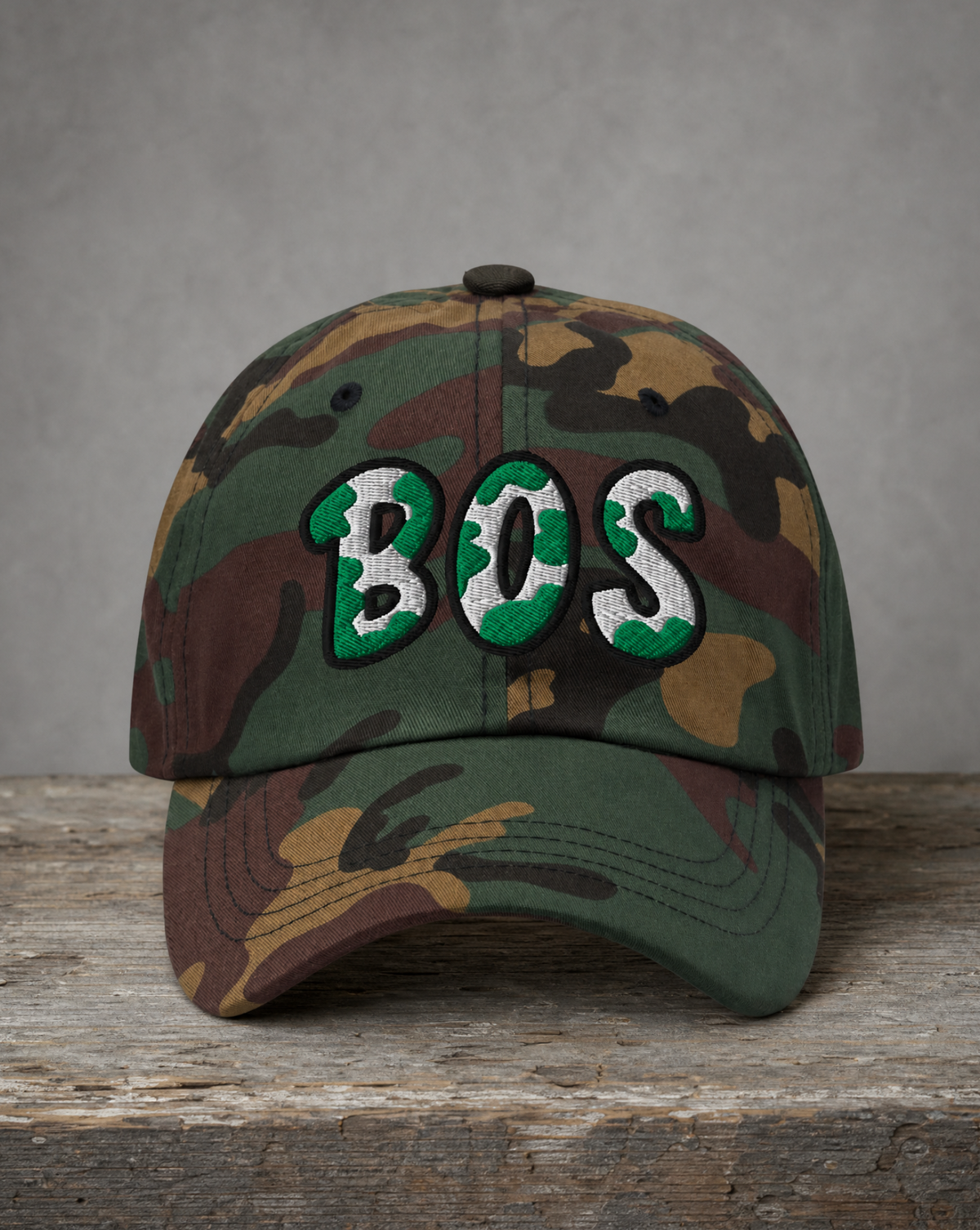 The City Collection BOS Basketball camo hat with oversized embroidered lettering