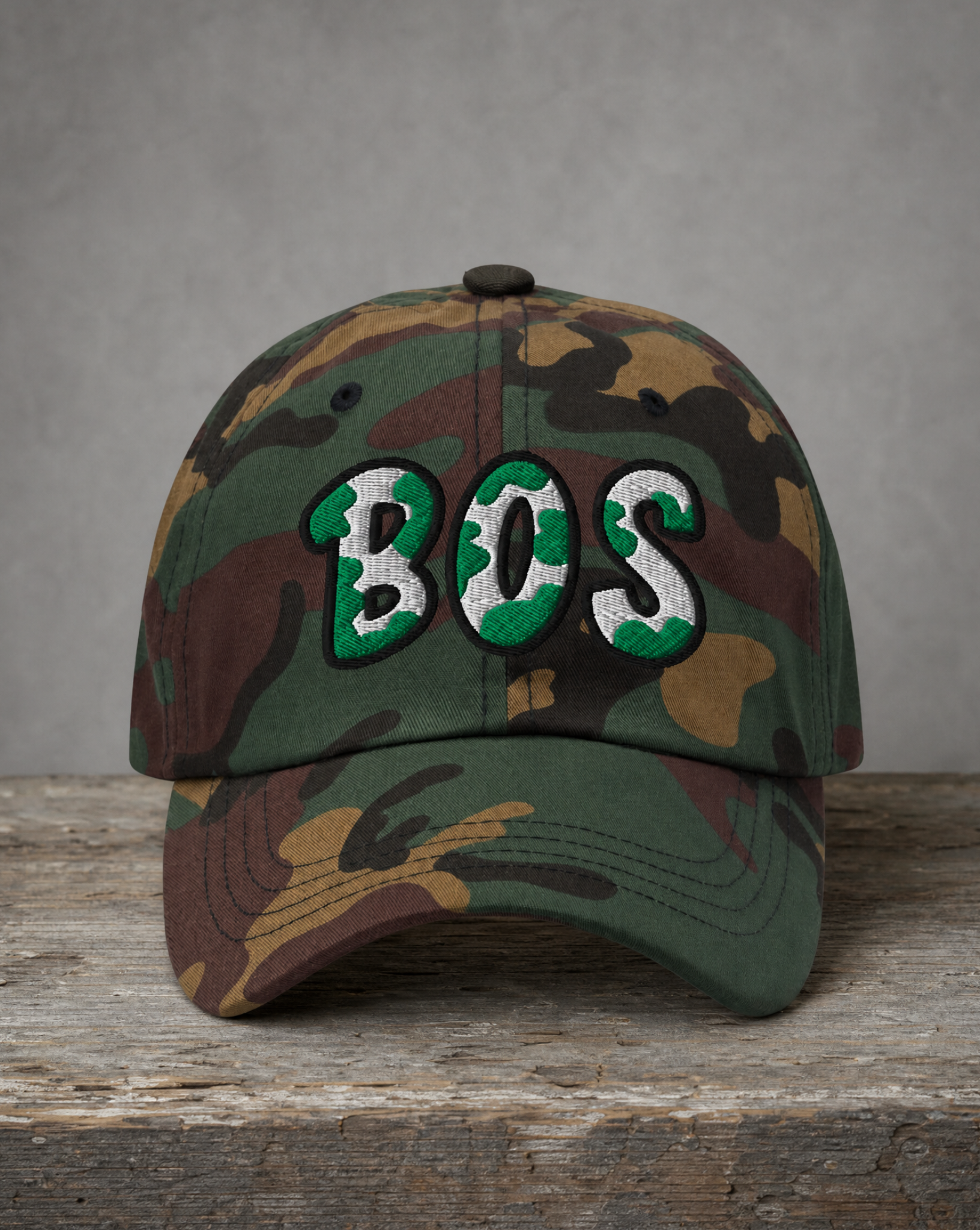 The City Collection BOS Basketball camo hat with oversized embroidered lettering