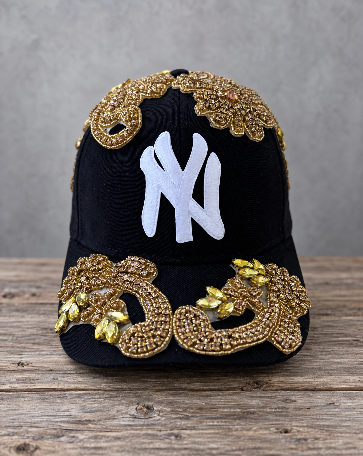 Gold Crystal Appliqué Black New York Hat with hand-applied gold crystal design