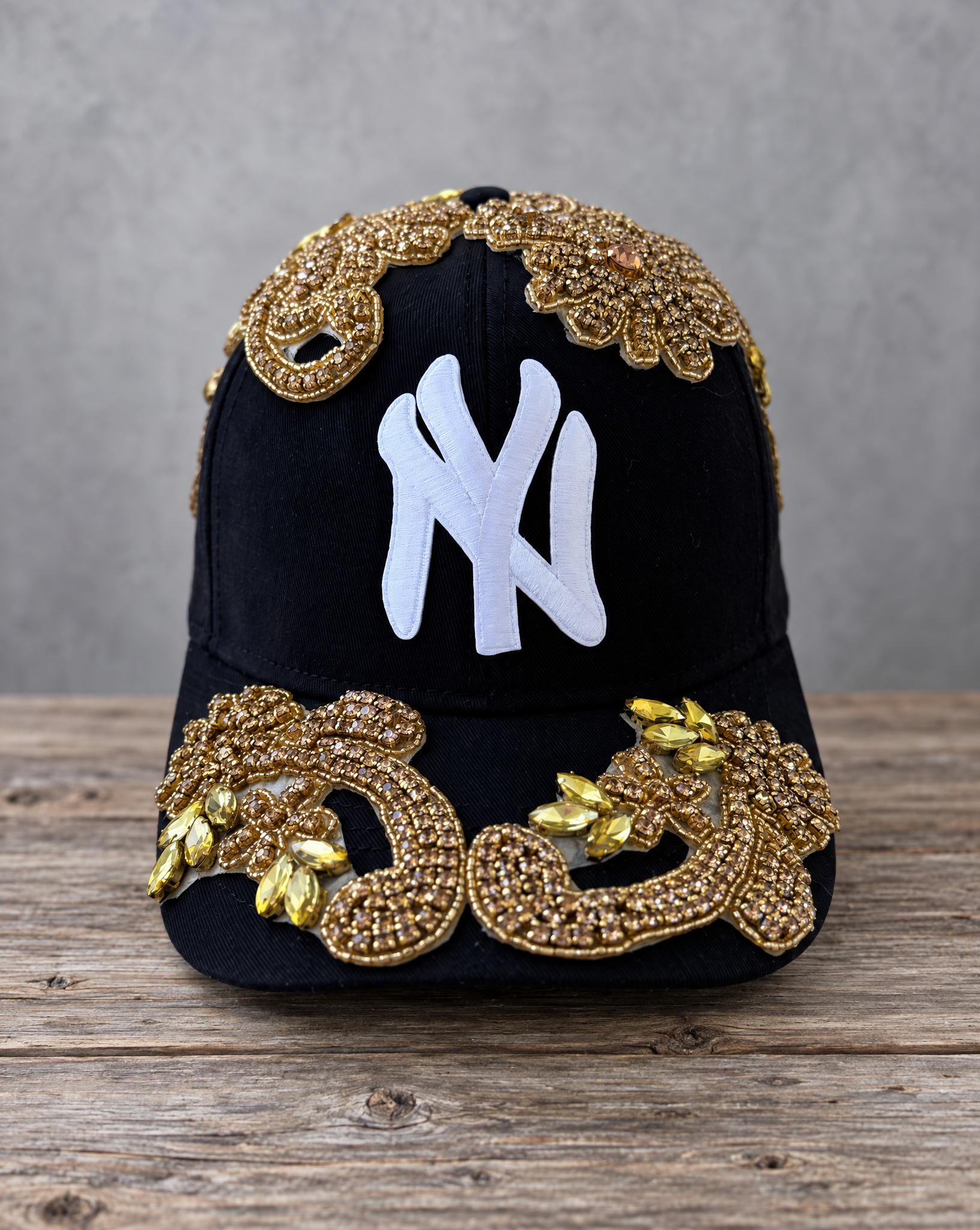 Gold Crystal Appliqué Black New York Hat with hand-applied gold crystal design