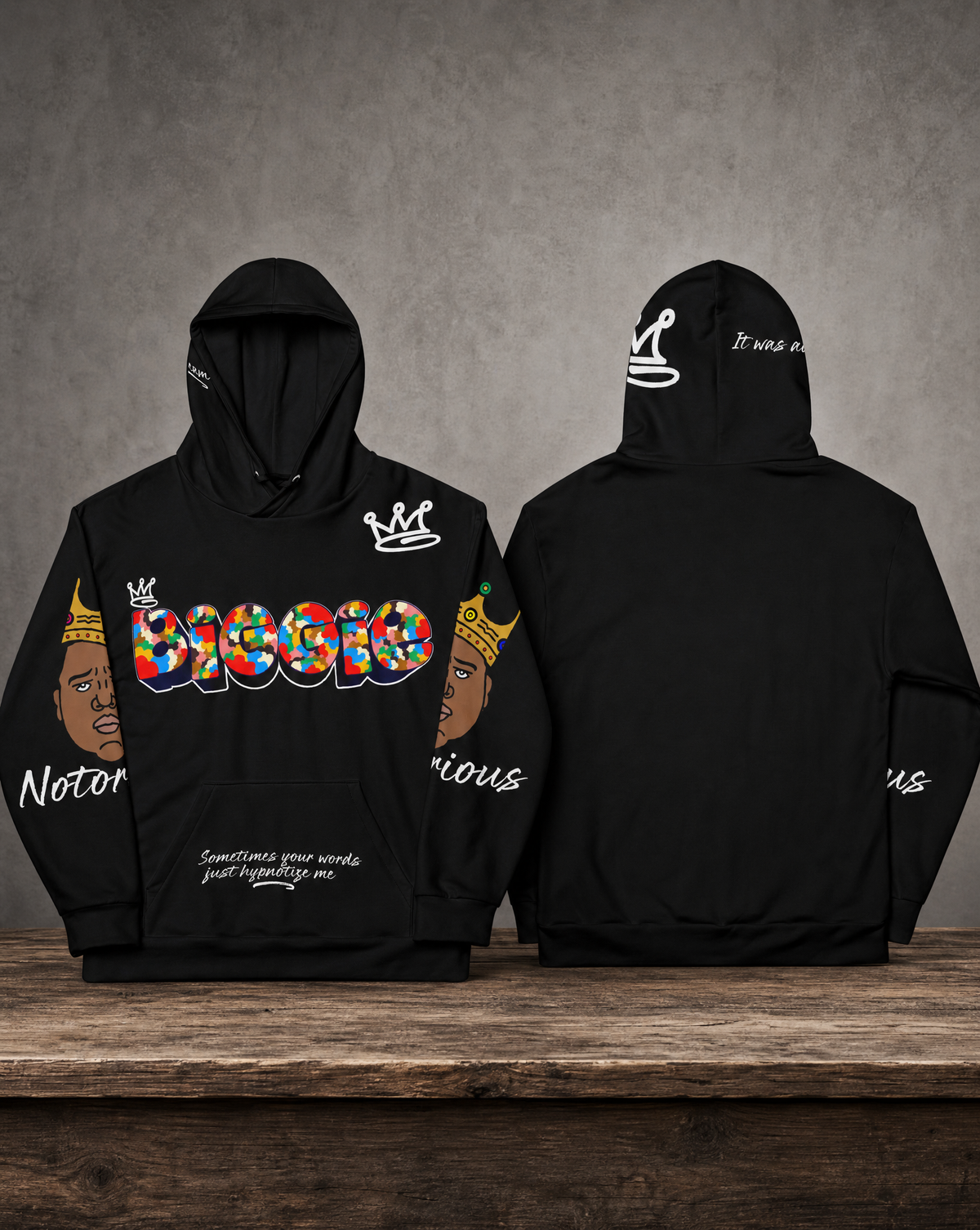 Biggie all-over print hoodie featuring original tribute artwork