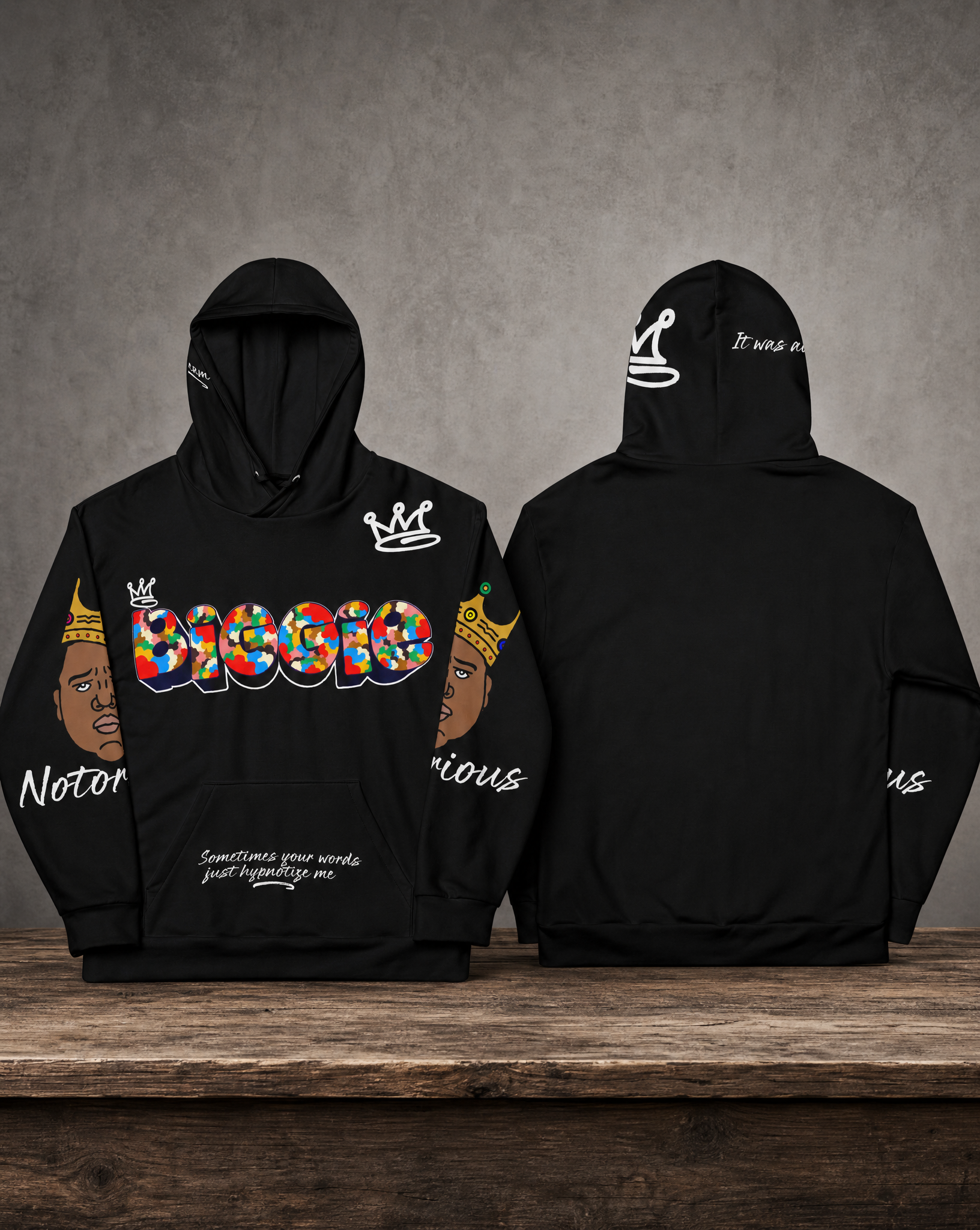 Biggie all-over print hoodie featuring original tribute artwork