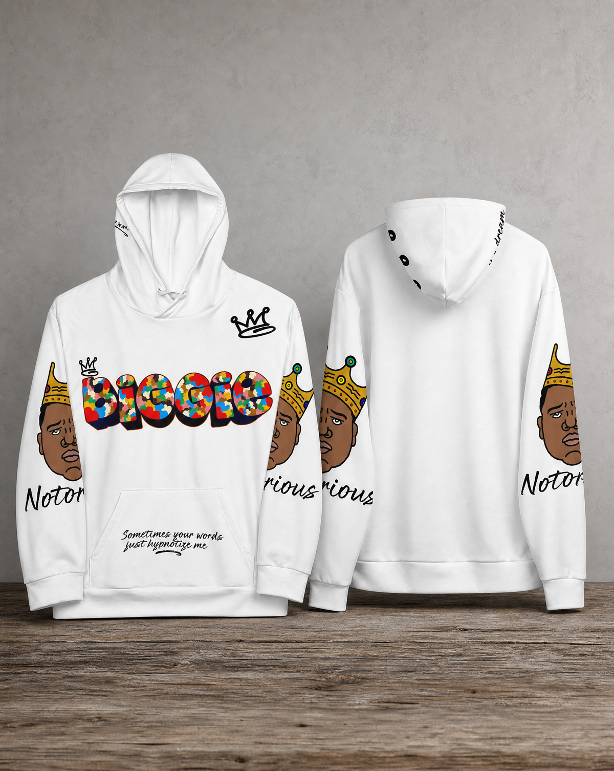 Biggie all-over print hoodie featuring original tribute artwork inspired by a legendary hip-hop icon