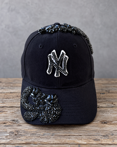 Black Crystal Appliqué Black New York Hat with hand-applied black crystal design