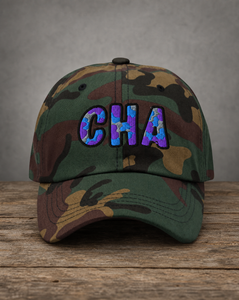 The City Collection CHA Basketball camo hat with oversized embroidered lettering