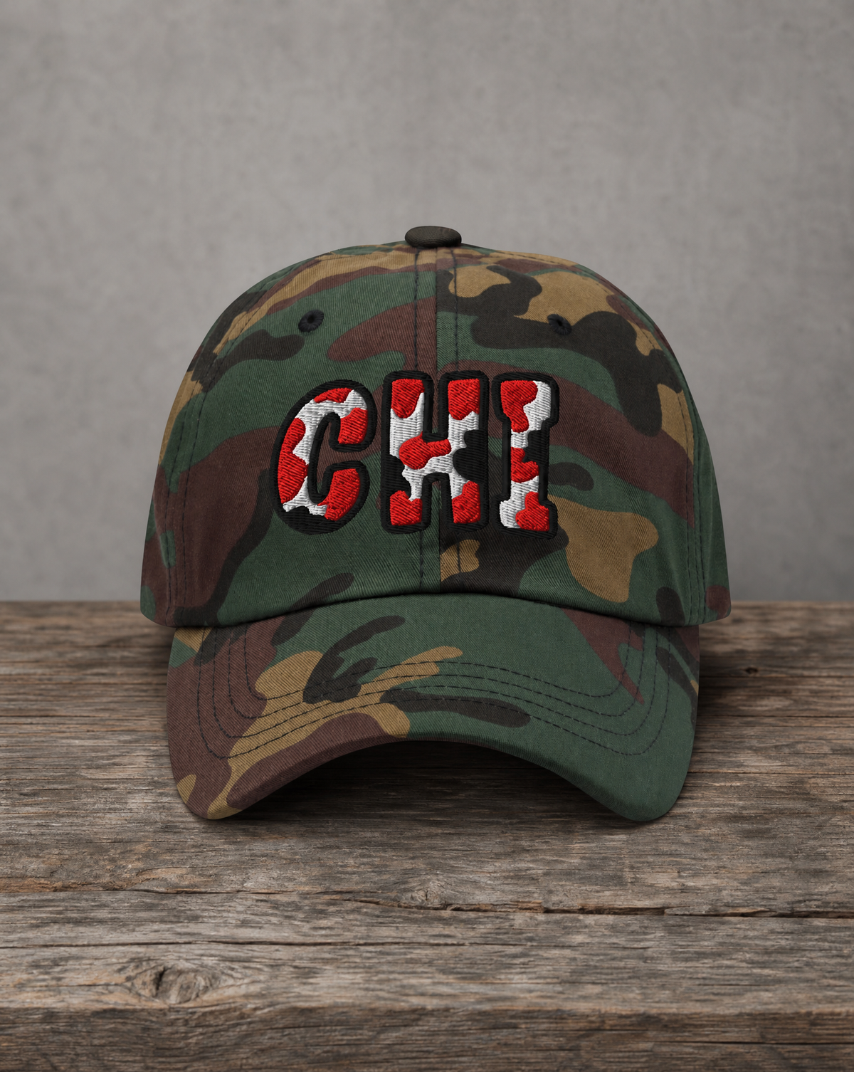 The City Collection CHI Basketball camo hat with oversized embroidered lettering