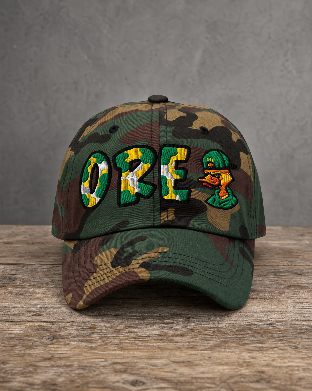 The City Collection ORE Duck college camo hat with bold embroidered details