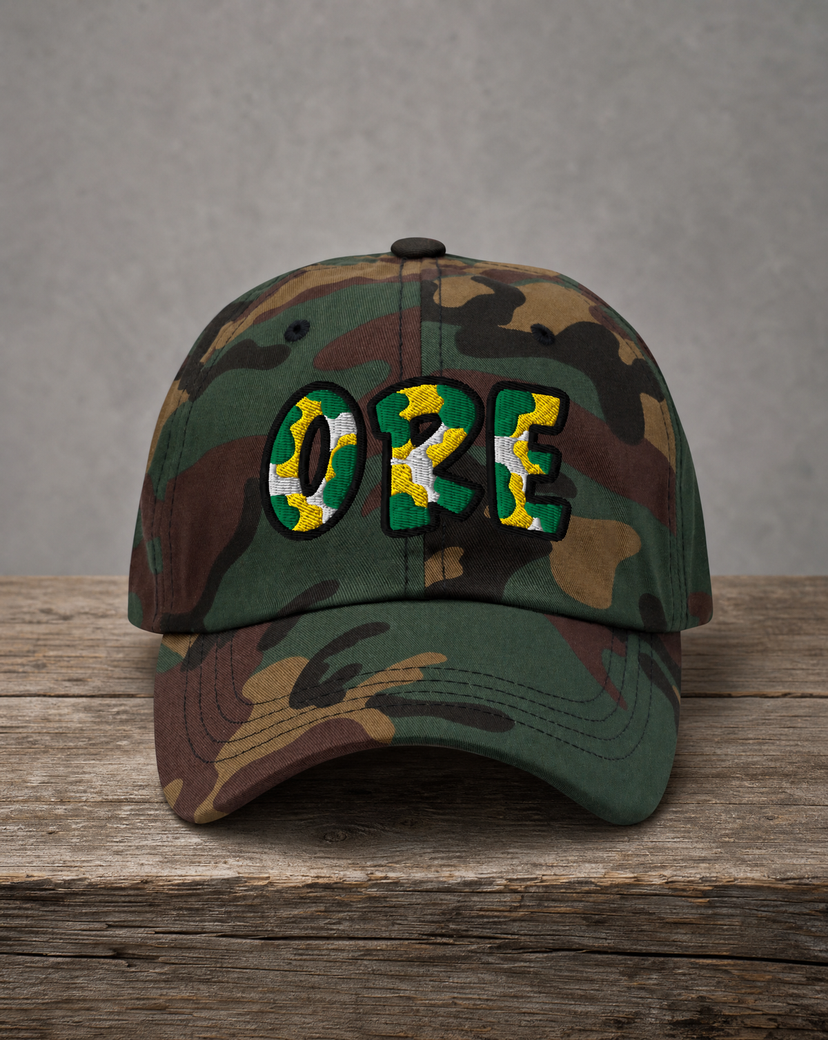 The City Collection ORE college camo hat with oversized embroidered lettering