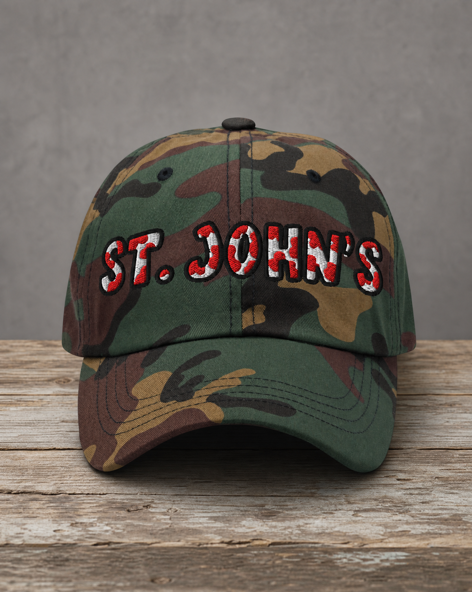 The City Collection St. John’s college camo hat with bold embroidered details