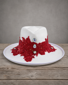 Cream fedora hat featuring a handcrafted red crystal appliqué LOVE design