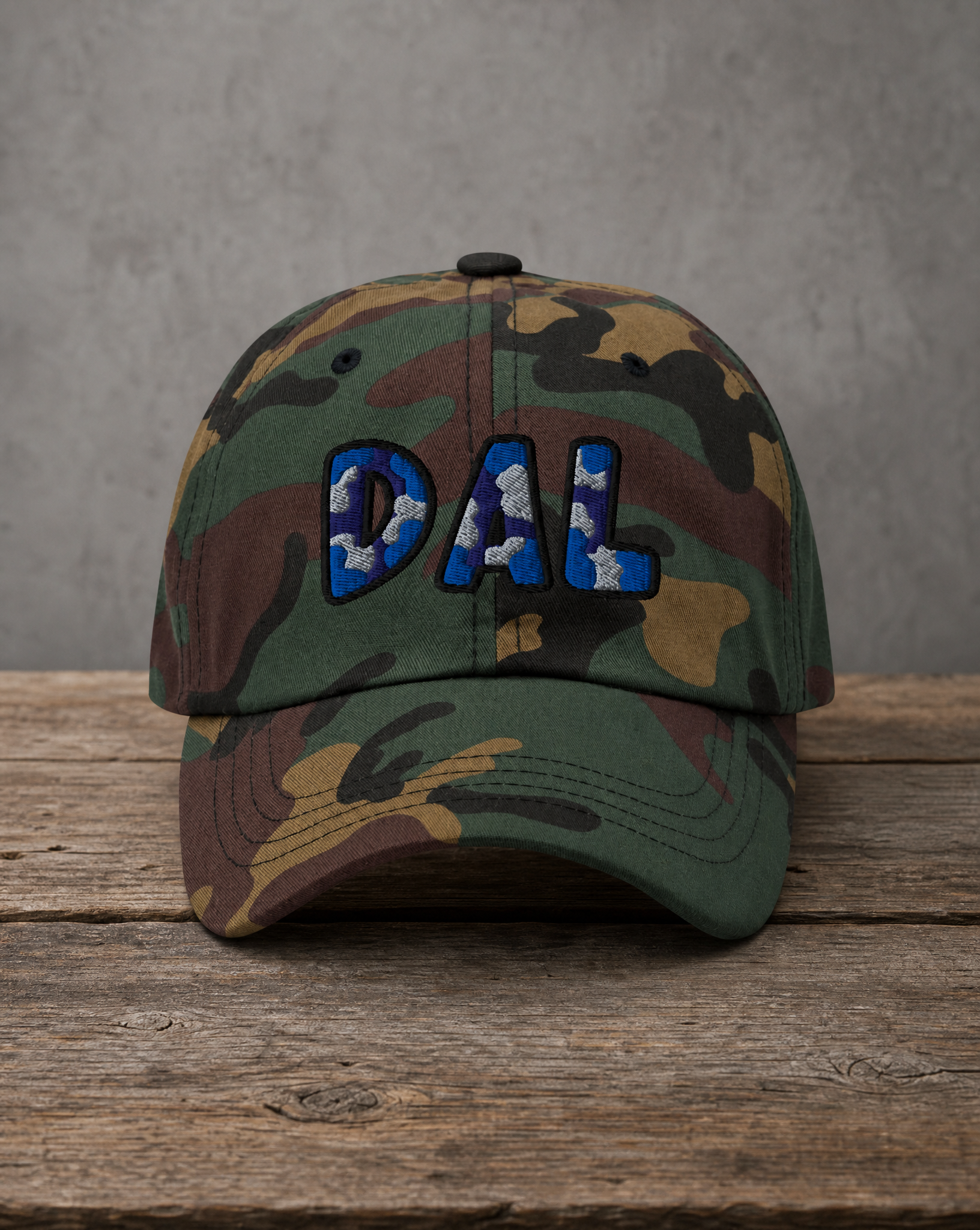 The City Collection DAL Basketball camo hat with oversized embroidered lettering
