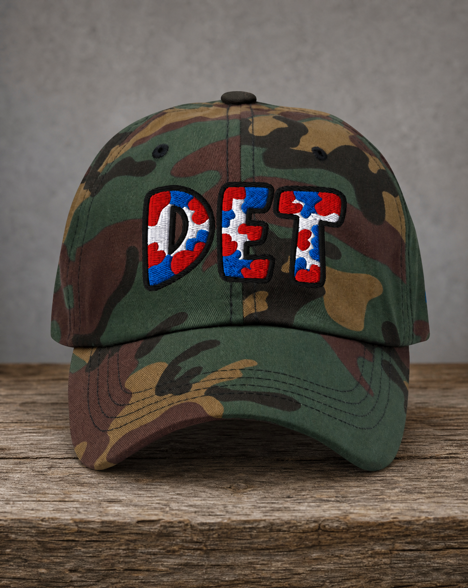 The City Collection DET Basketball camo hat with oversized embroidered lettering