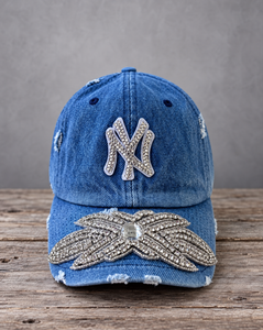 Silver Crystal Appliqué Denim NY Hat with hand-applied silver crystal design