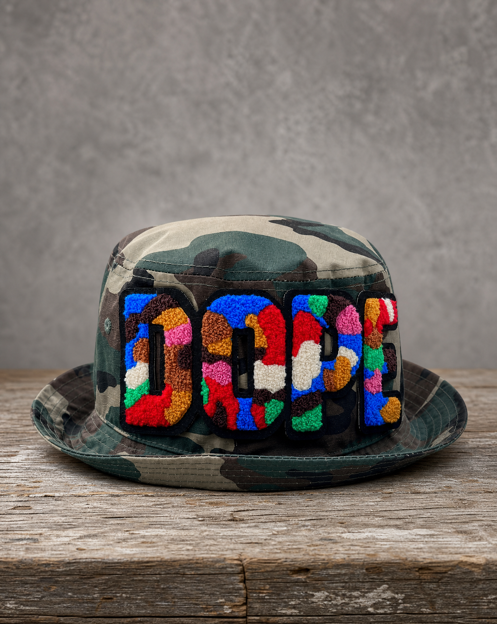 DOPE chenille camo unstructured bucket hat with handcrafted streetwear patch design