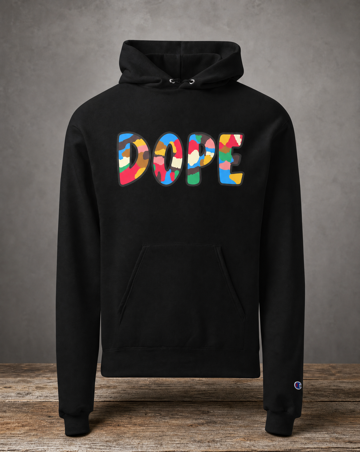 Black Champion hoodie featuring the original DOPE graphic design