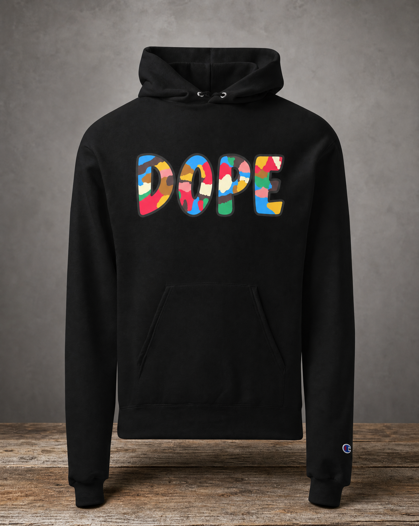 Black Champion hoodie featuring the original DOPE graphic design