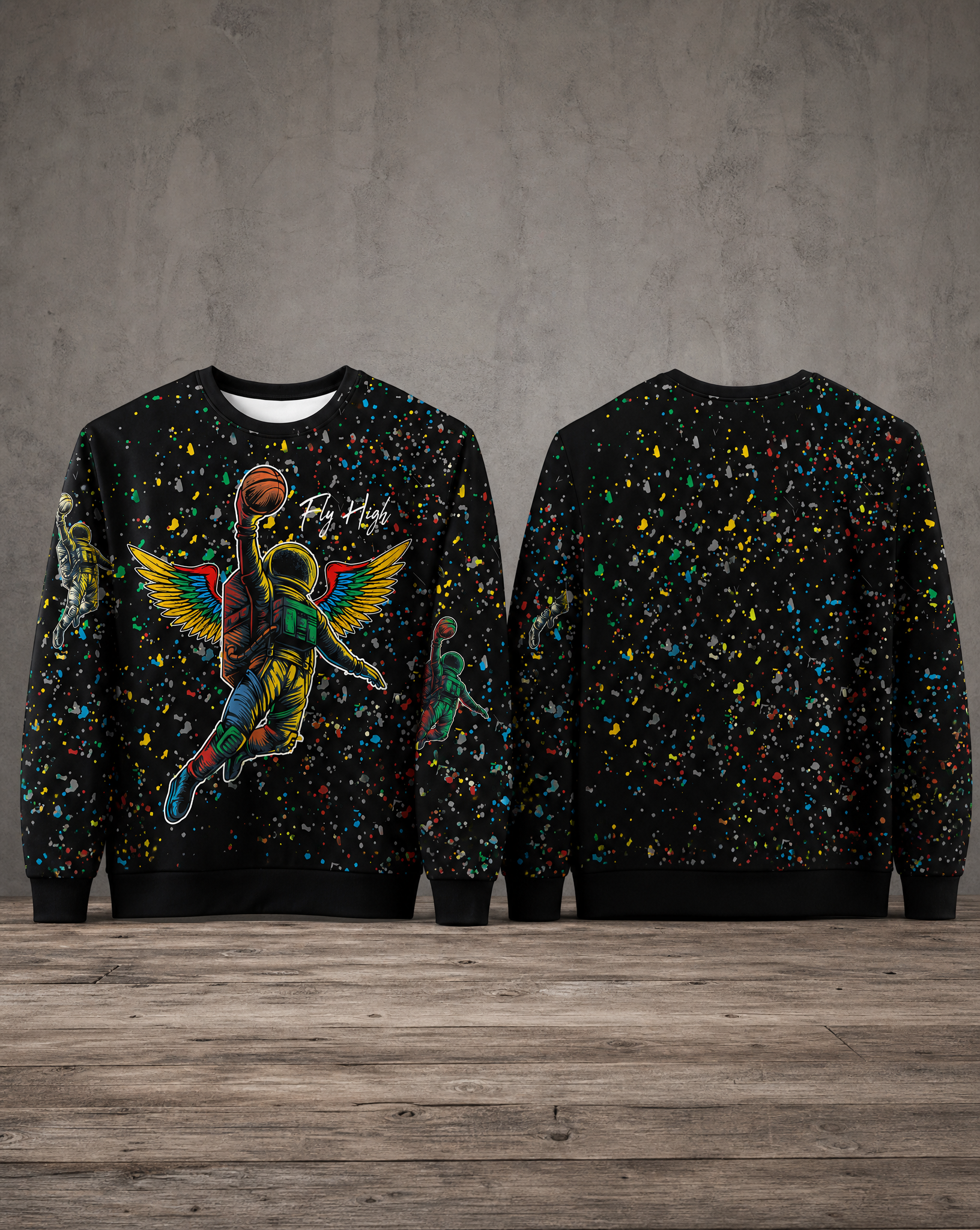 Fly High all-over print crewneck sweatshirt featuring an astronaut dunking a basketball graphic
