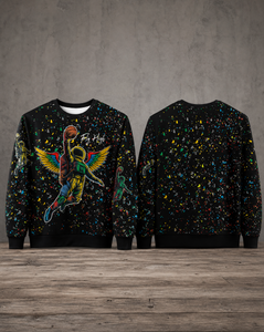 Fly High all-over print crewneck sweatshirt featuring an astronaut dunking a basketball graphic