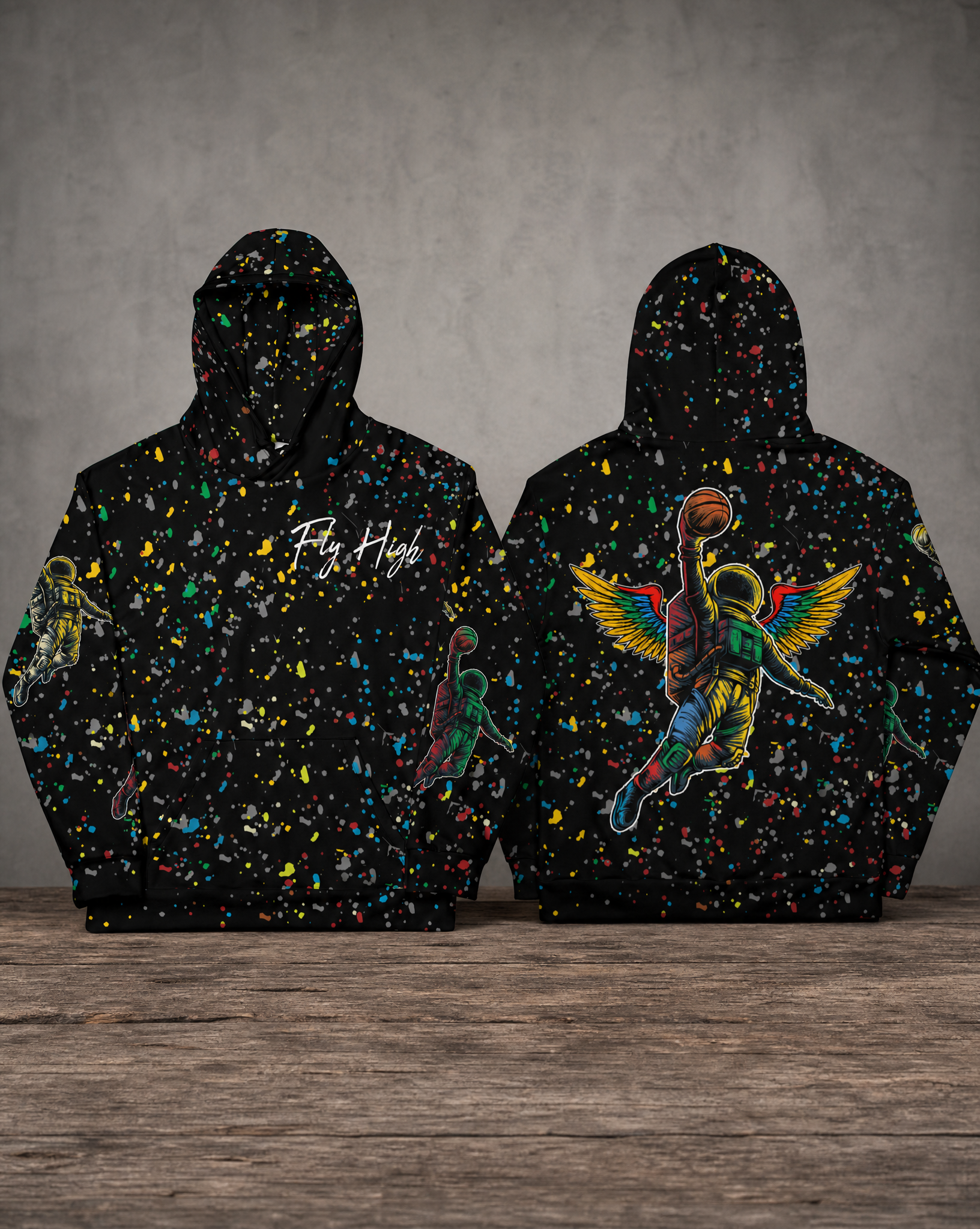 Fly High hoodie featuring an astronaut dunking a basketball graphic