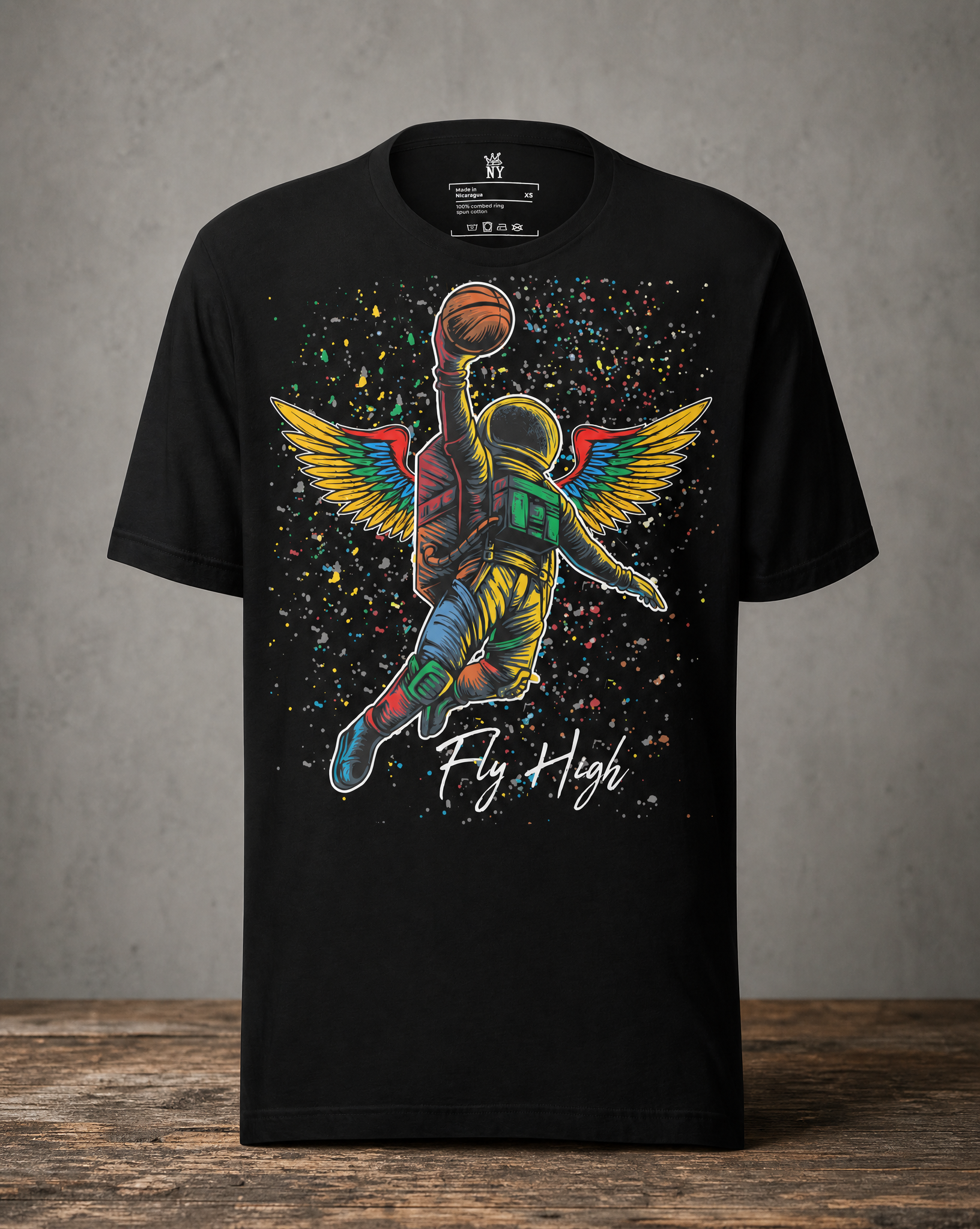 Fly High basketball T-shirt featuring an astronaut with wings soaring for a slam dunk