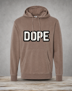 Brown hoodie featuring a handcrafted glow-in-the-dark DOPE patch