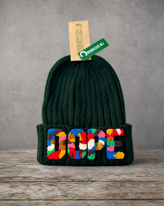 Sustainable knit beanie featuring a handcrafted chenille DOPE patch