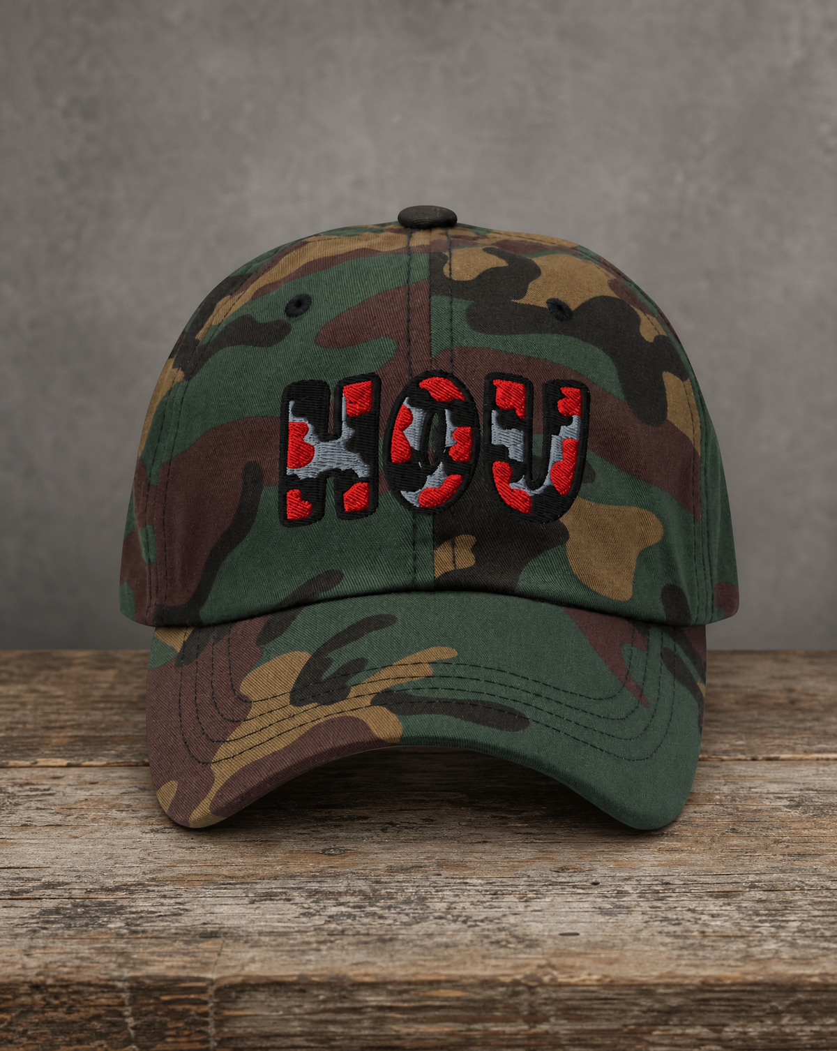 The City Collection HOU Basketball camo hat with oversized embroidered lettering