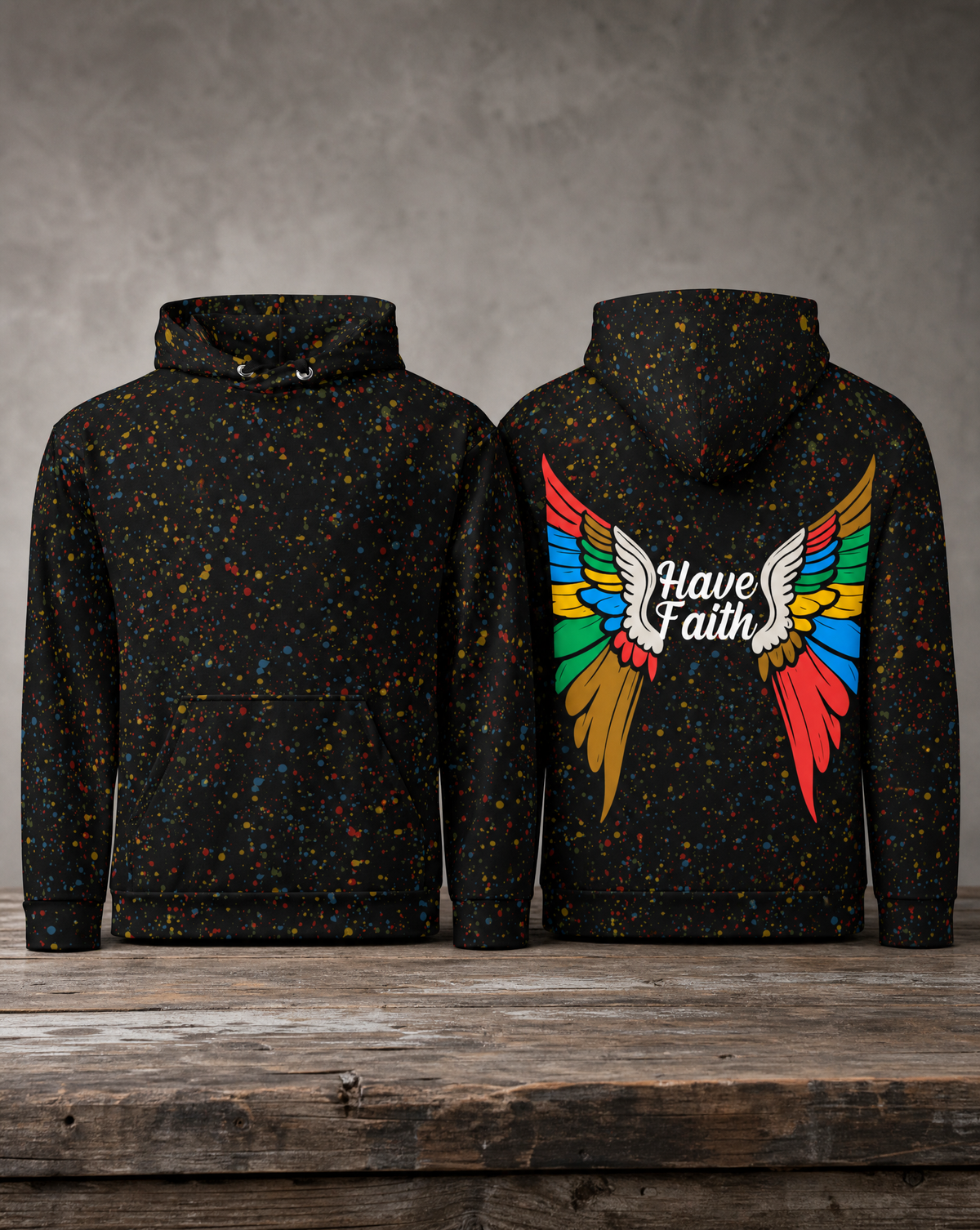 Have Faith all-over print hoodie featuring original angel wing artwork