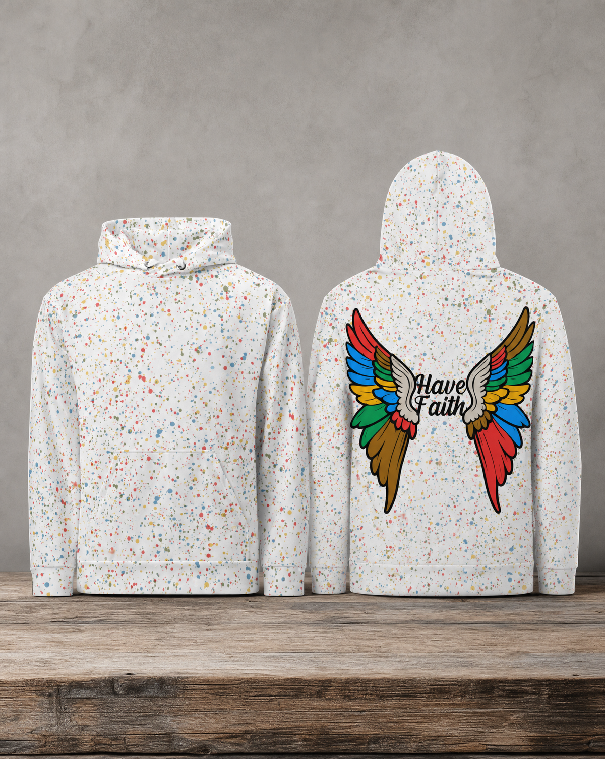 White all-over print hoodie featuring original Have Faith angel wing artwork