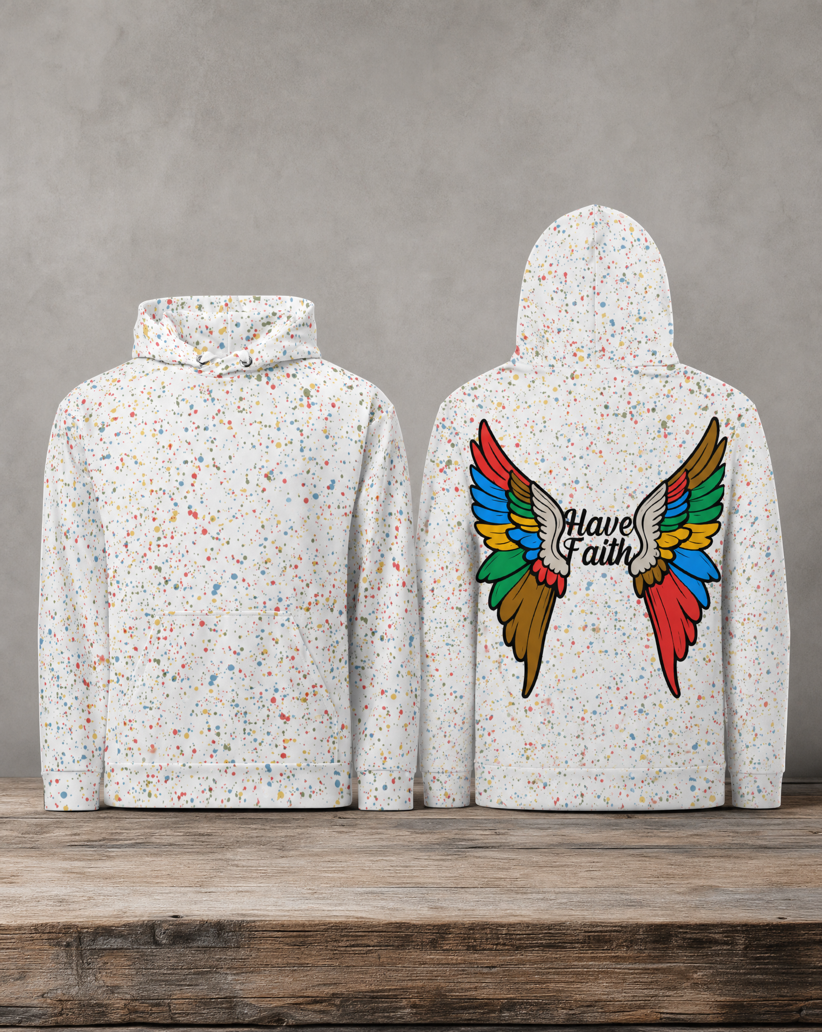 White all-over print hoodie featuring original Have Faith angel wing artwork