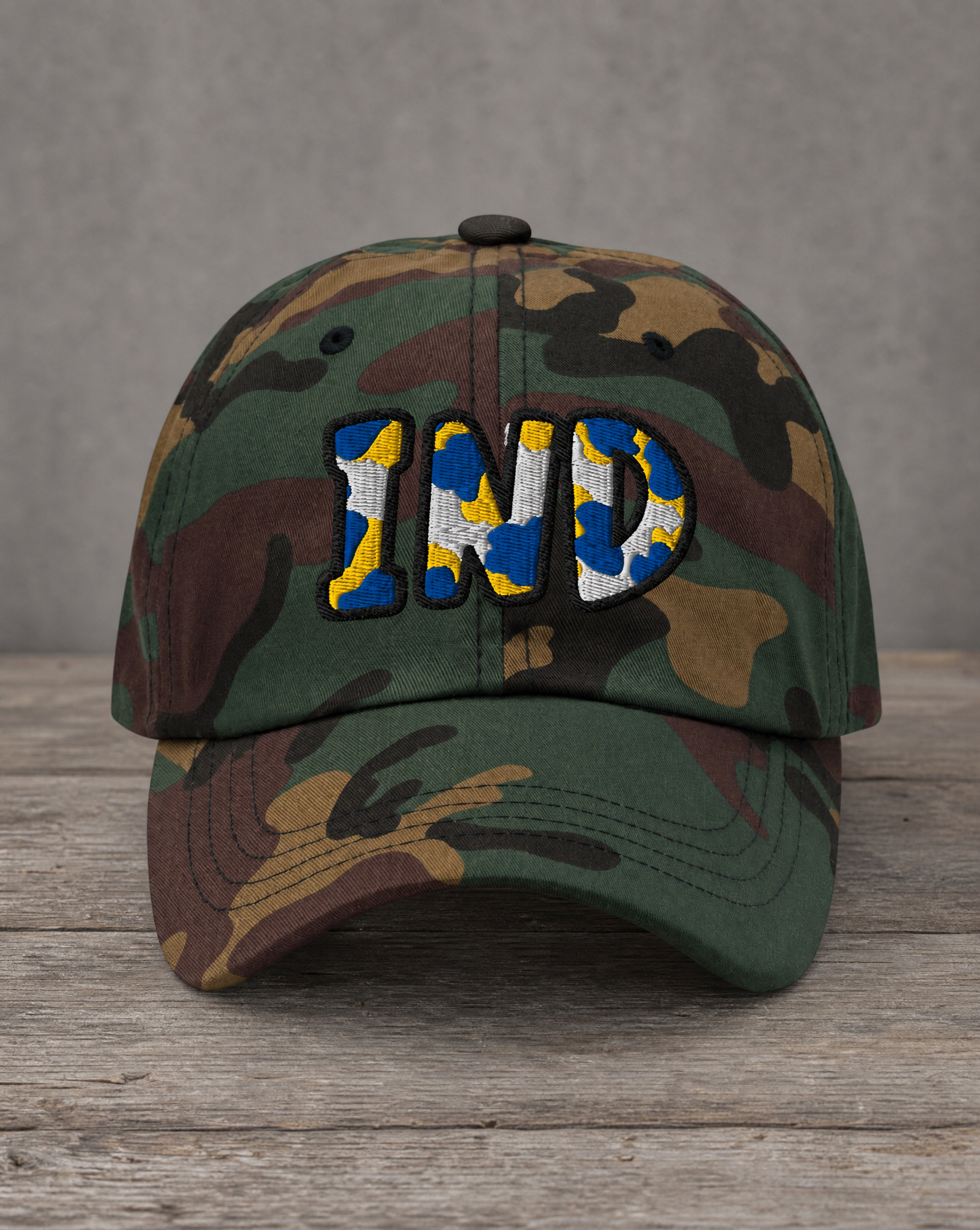 The City Collection IND Basketball camo hat with oversized embroidered lettering