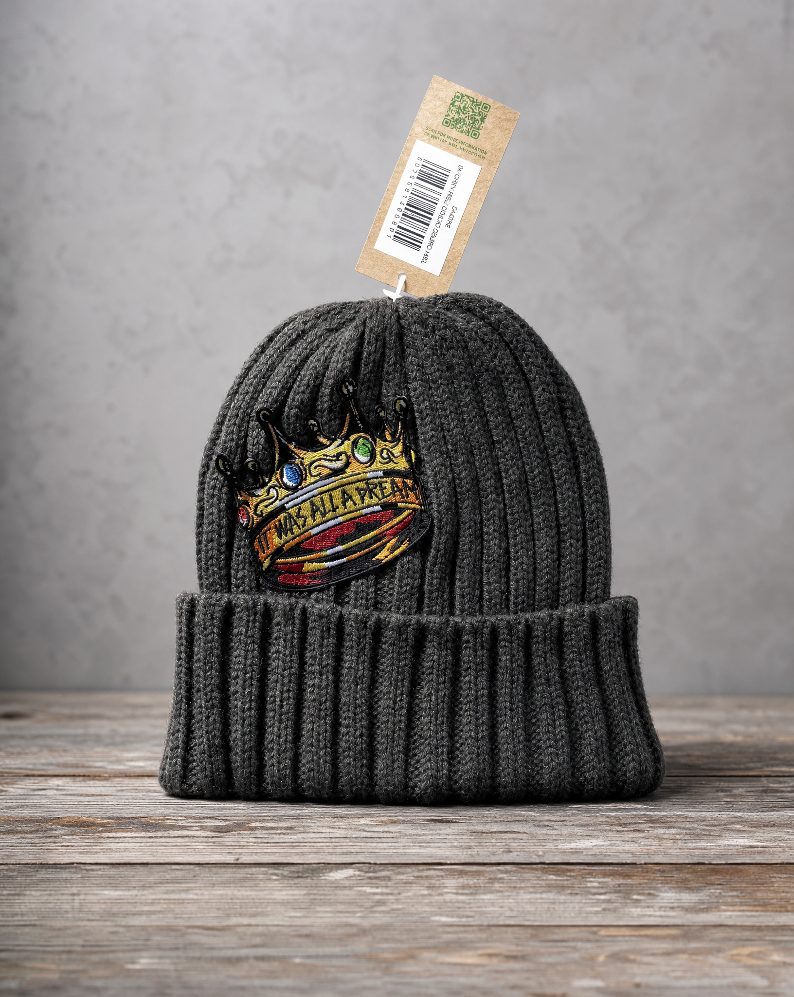 Sustainable cable knit beanie featuring a handcrafted It Was All a Dream patch