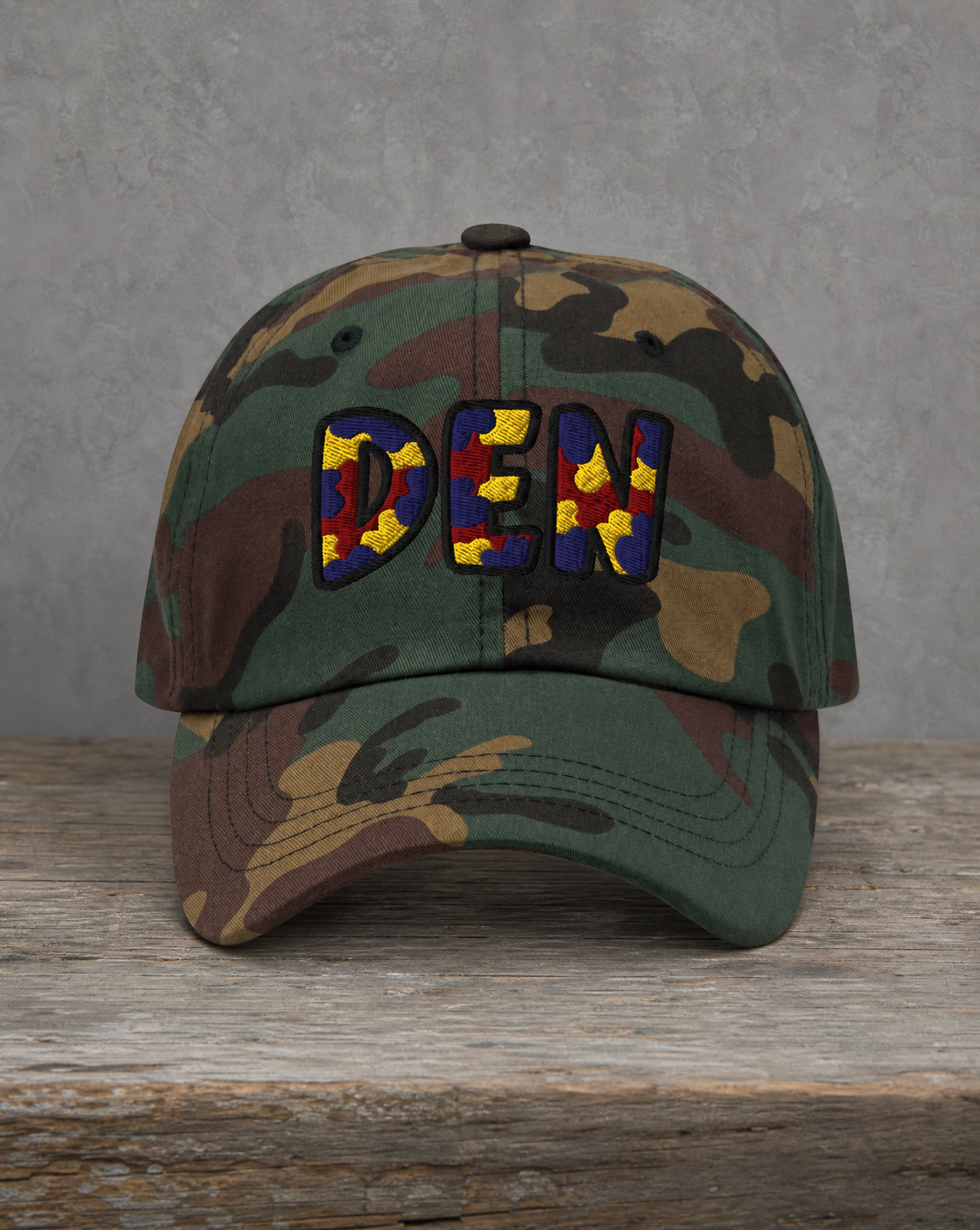 The City Collection DEN Basketball camo hat with oversized embroidered lettering