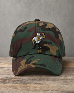 Hand-drawn Purdue mascot patch on a woodland camo hat, handcrafted City Collection by Believe In New York