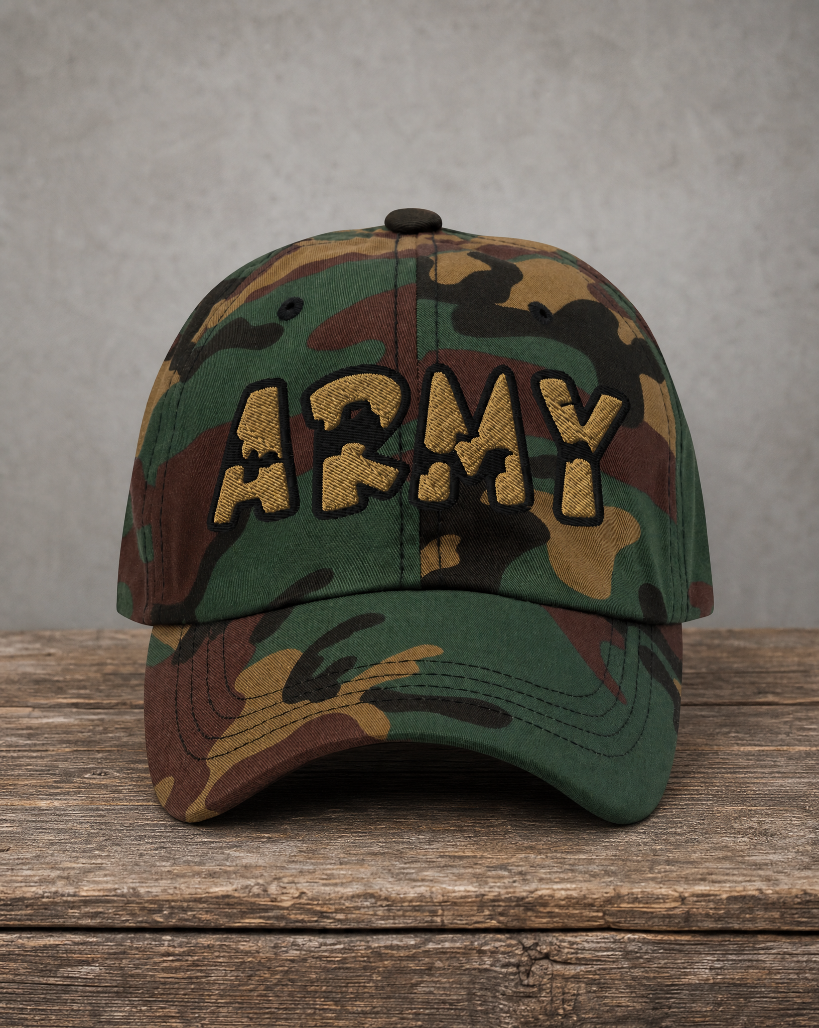 Handmade ARMY camo patched hat with tan and gold camouflage lettering, The City Collection by Believe In New York