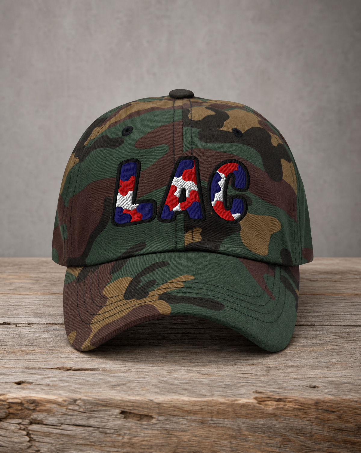 The City Collection LAC Basketball camo hat with oversized embroidered lettering