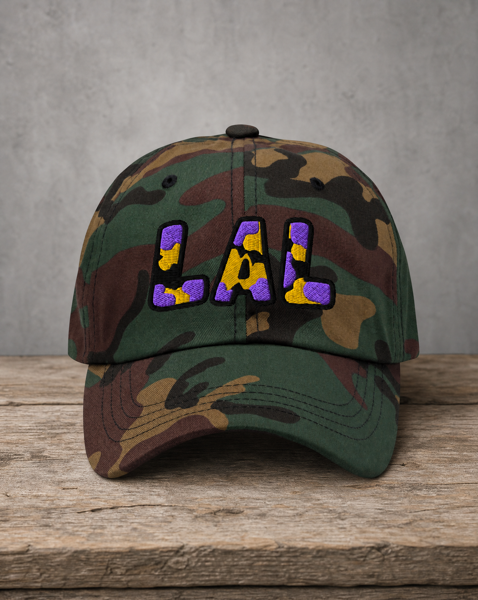 The City Collection LAL Basketball camo hat with oversized embroidered lettering
