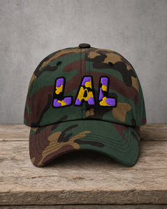 The City Collection LAL Basketball camo hat with oversized embroidered lettering