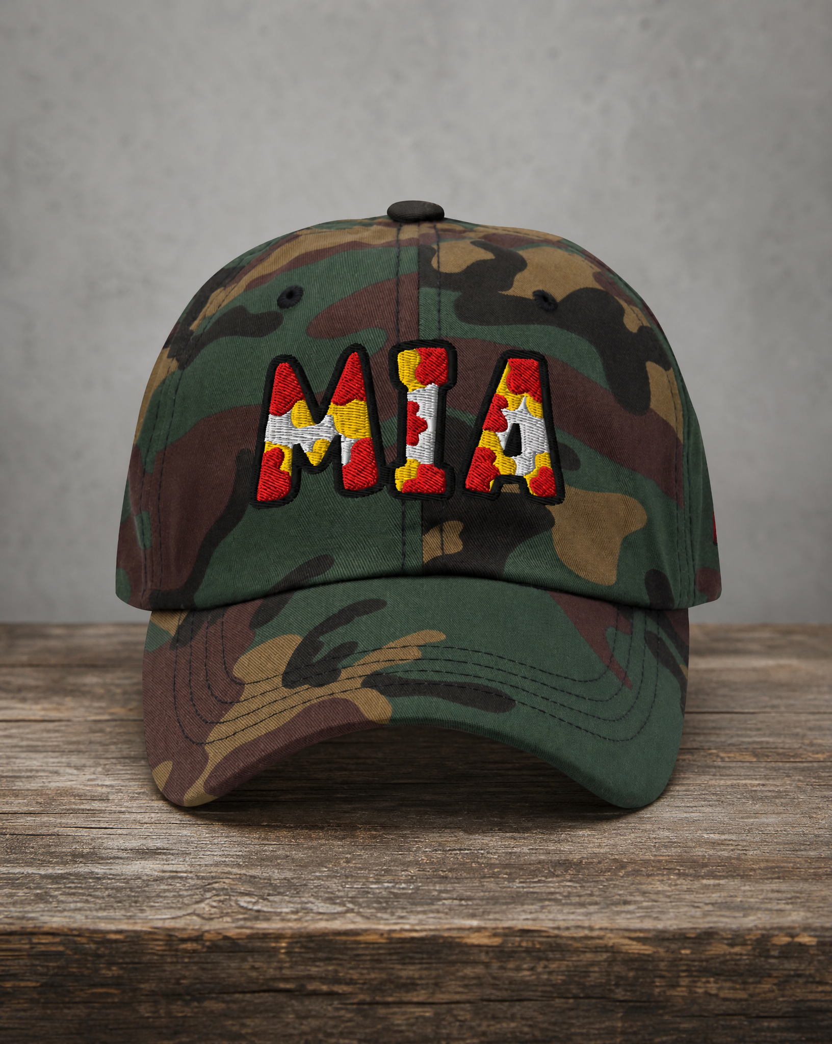 The City Collection MIA Basketball camo hat with oversized embroidered lettering
