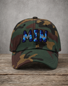 The City Collection MIN Basketball camo hat with oversized embroidered lettering