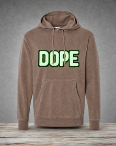 Glowing  brown hoodie featuring a handcrafted glow-in-the-dark DOPE patch