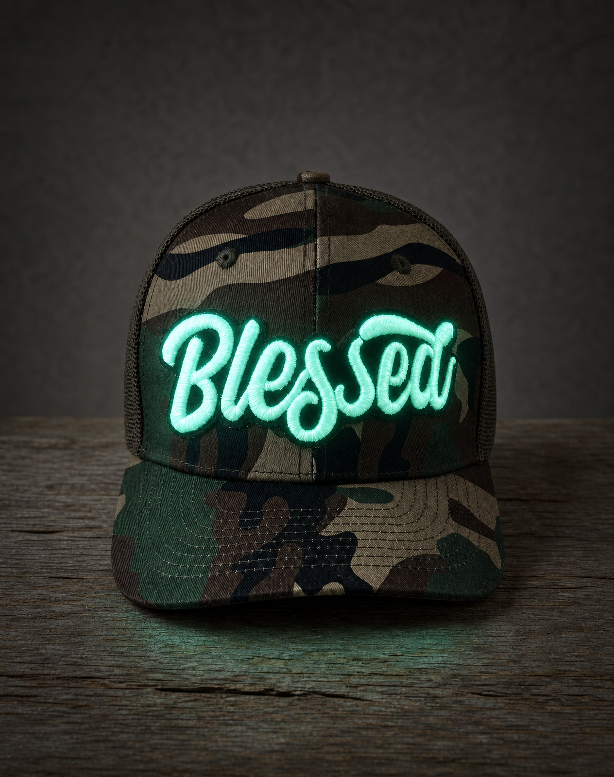 Glow in the dark Blessed camo snapback hat with handcrafted patch design glowing 