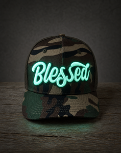Glow in the dark Blessed camo snapback hat with handcrafted patch design glowing 