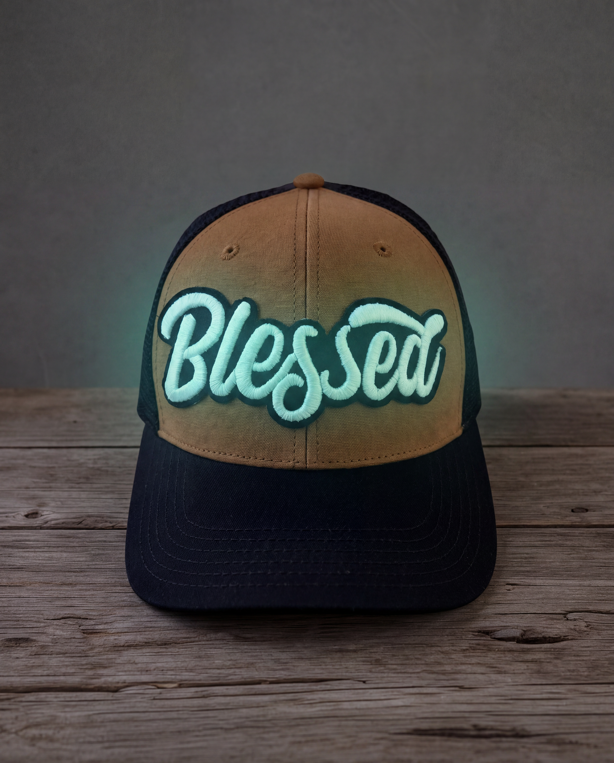 Glow in the dark Blessed mid profile snapback hat with handcrafted patch design glowing