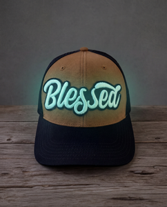 Glow in the dark Blessed mid profile snapback hat with handcrafted patch design glowing
